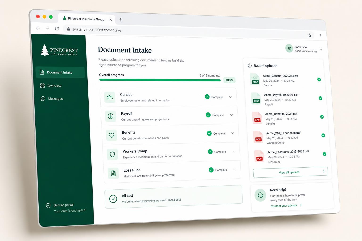Branded document intake portal showing five document categories complete with green checkmarks