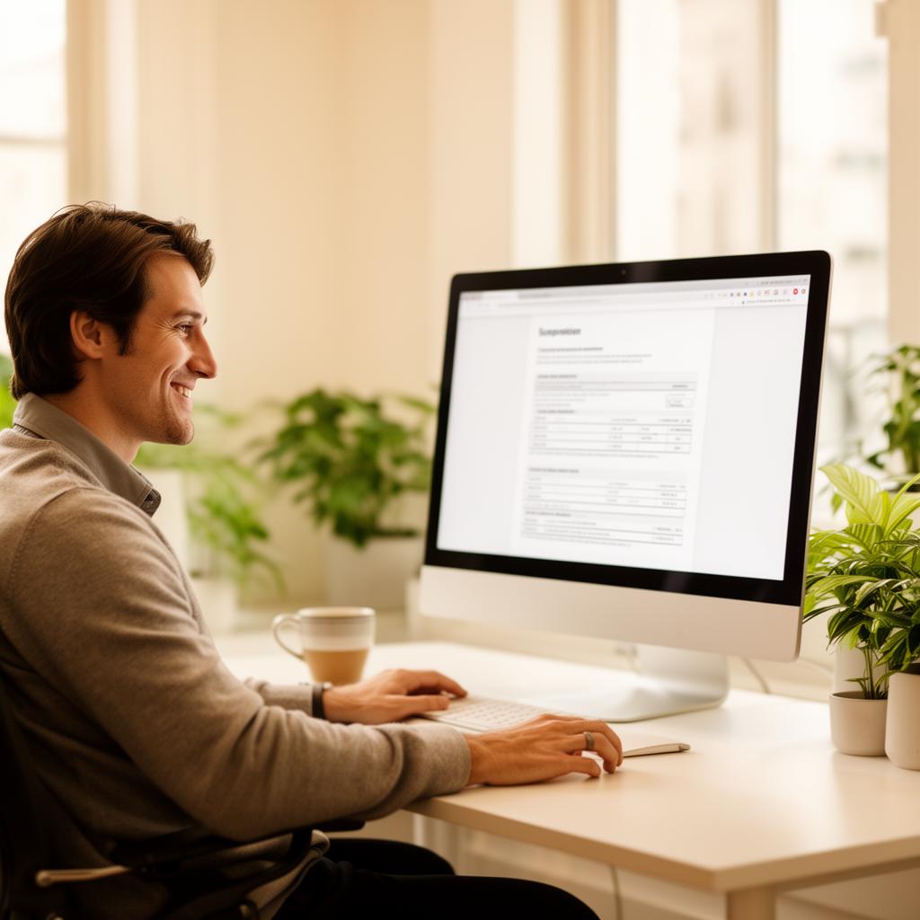 A reviewer relaxed at a clean desk reviewing a complete submission on a large monitor